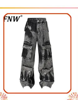 PFNW New Spring Men's Jeans Loose Wide Leg Coating Glossy Patent Leather Straight Male Denim Pants Niche Style 2025 12C509