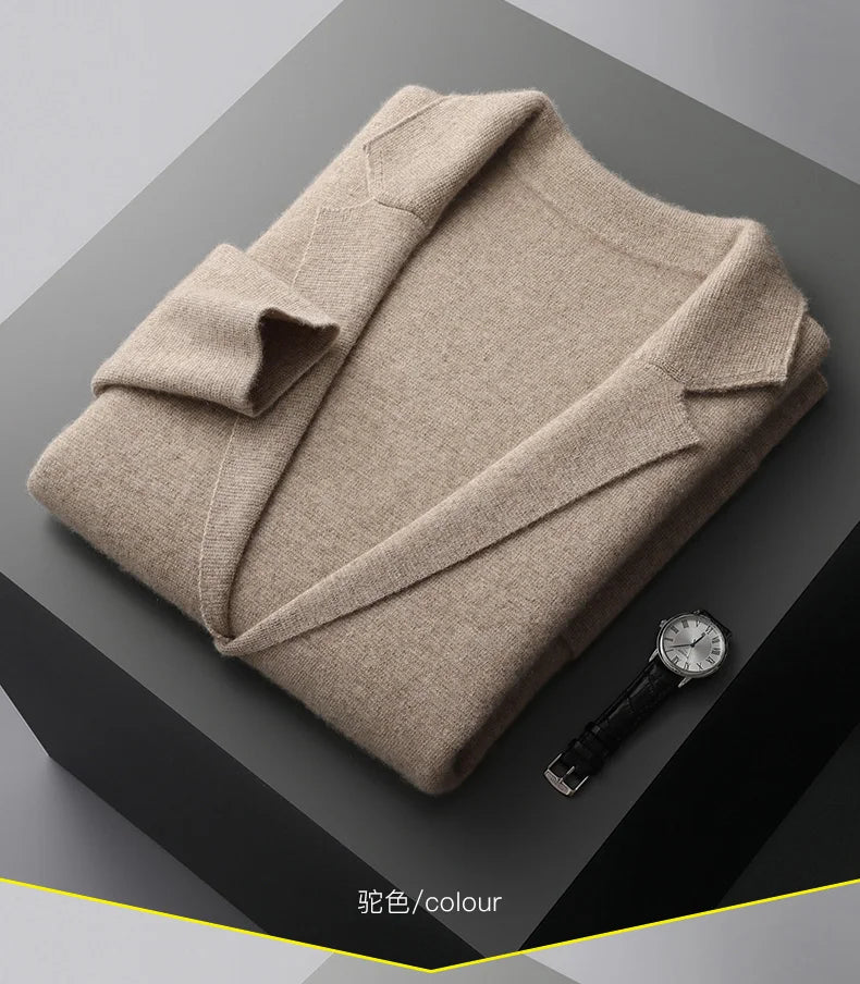 100% Pure Wool Cardigan Men's Spring And Autumn High-End Outerwear Sweater Casual Small Suit Jacket Olive Collar Sweater