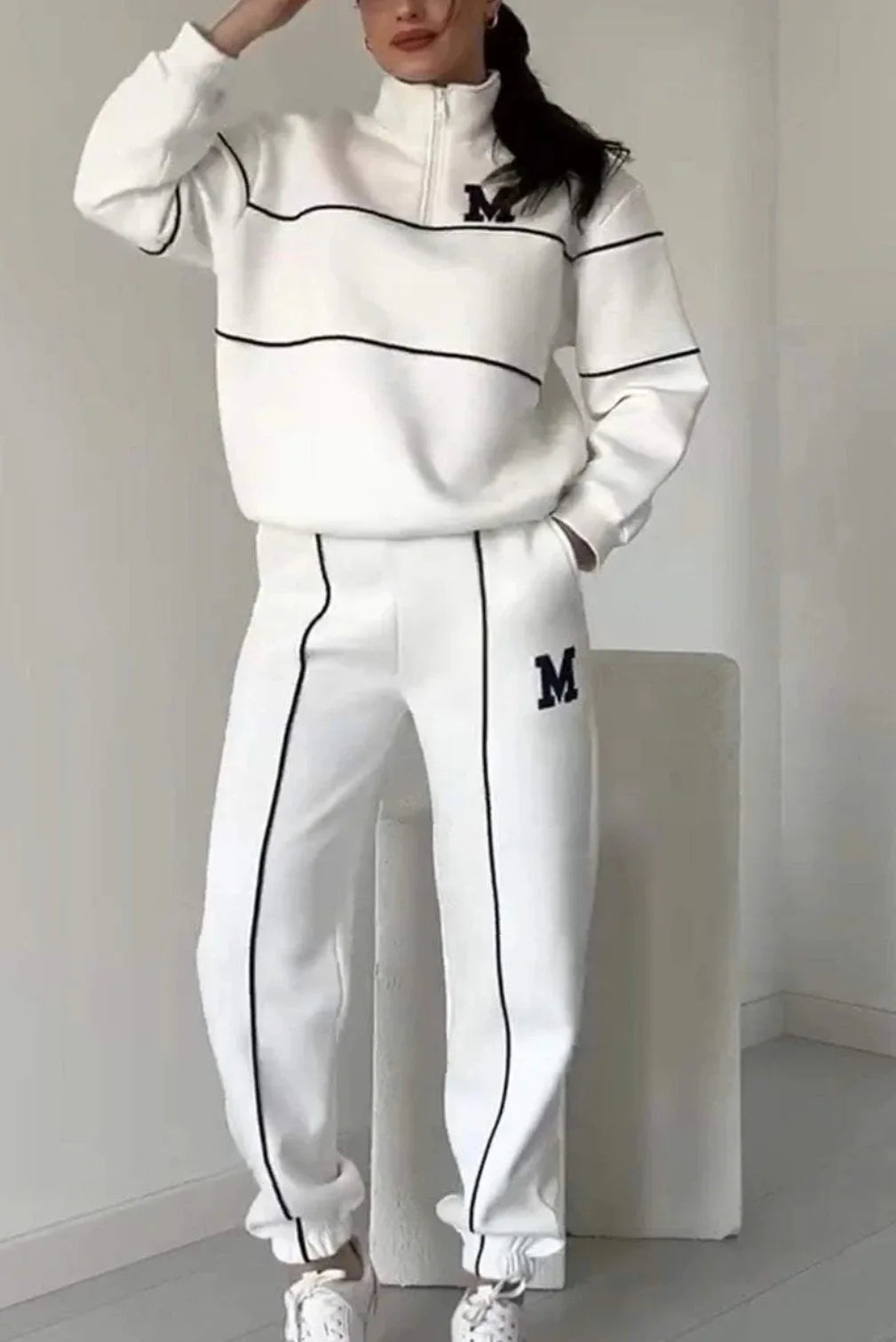 Autumn Winter Women's Fashion Letter Print Sweatshirt Set Casual Zipper Half Open Collar Long-sleeve + Sweatpants Two-piece Set