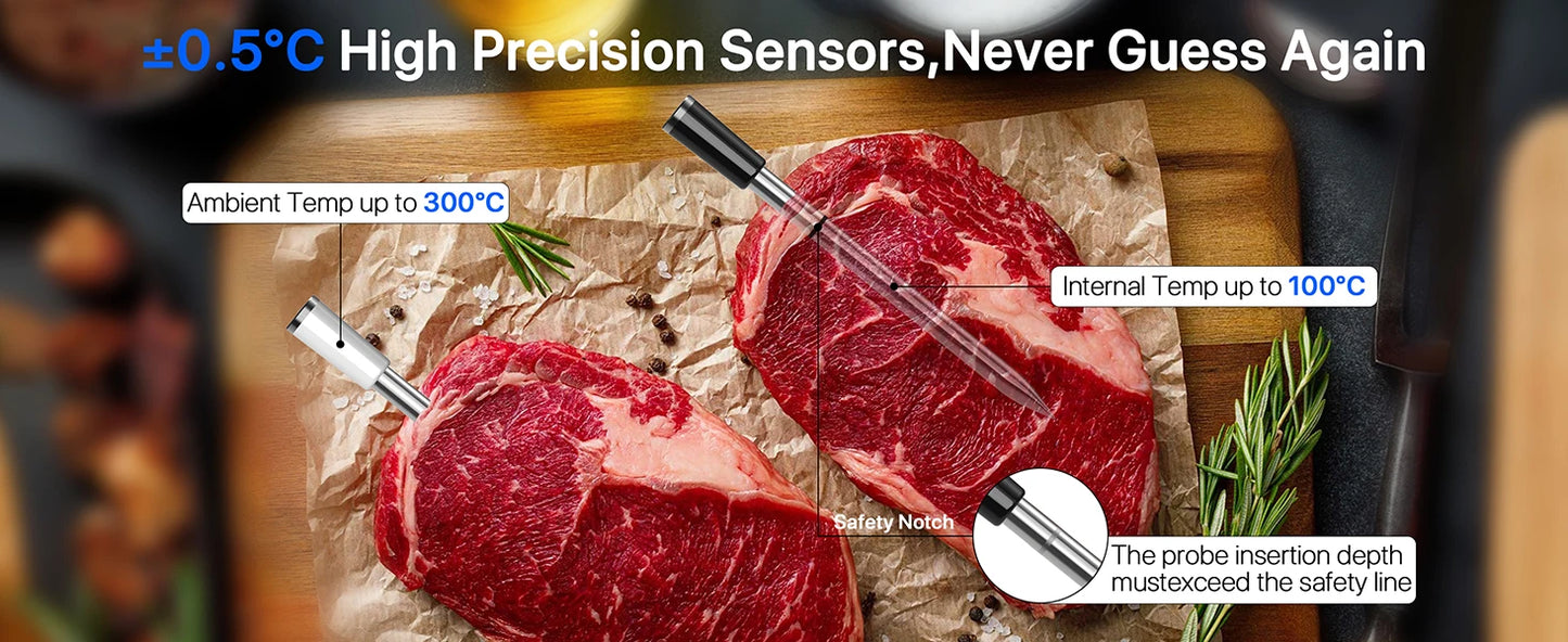 Meat Thermometer Wireless Bluetooth Probe with WiFi Unlimited Range Support APP Alarm Reminder for BBQ, Oven, Air Fryer