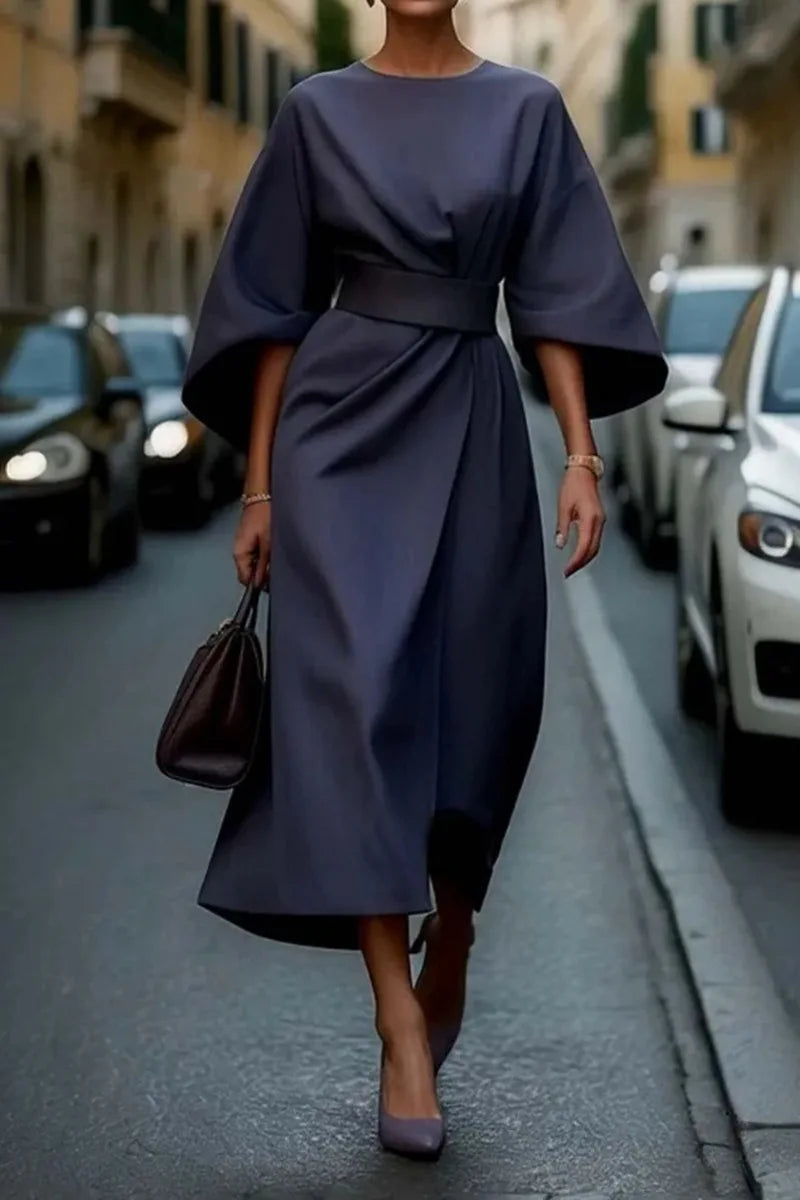 2025 Women's Fashion Temperament Elegant Solid Color Waist Dress Casual Bat Sleeve Long Skirt Vestidos De Mujer