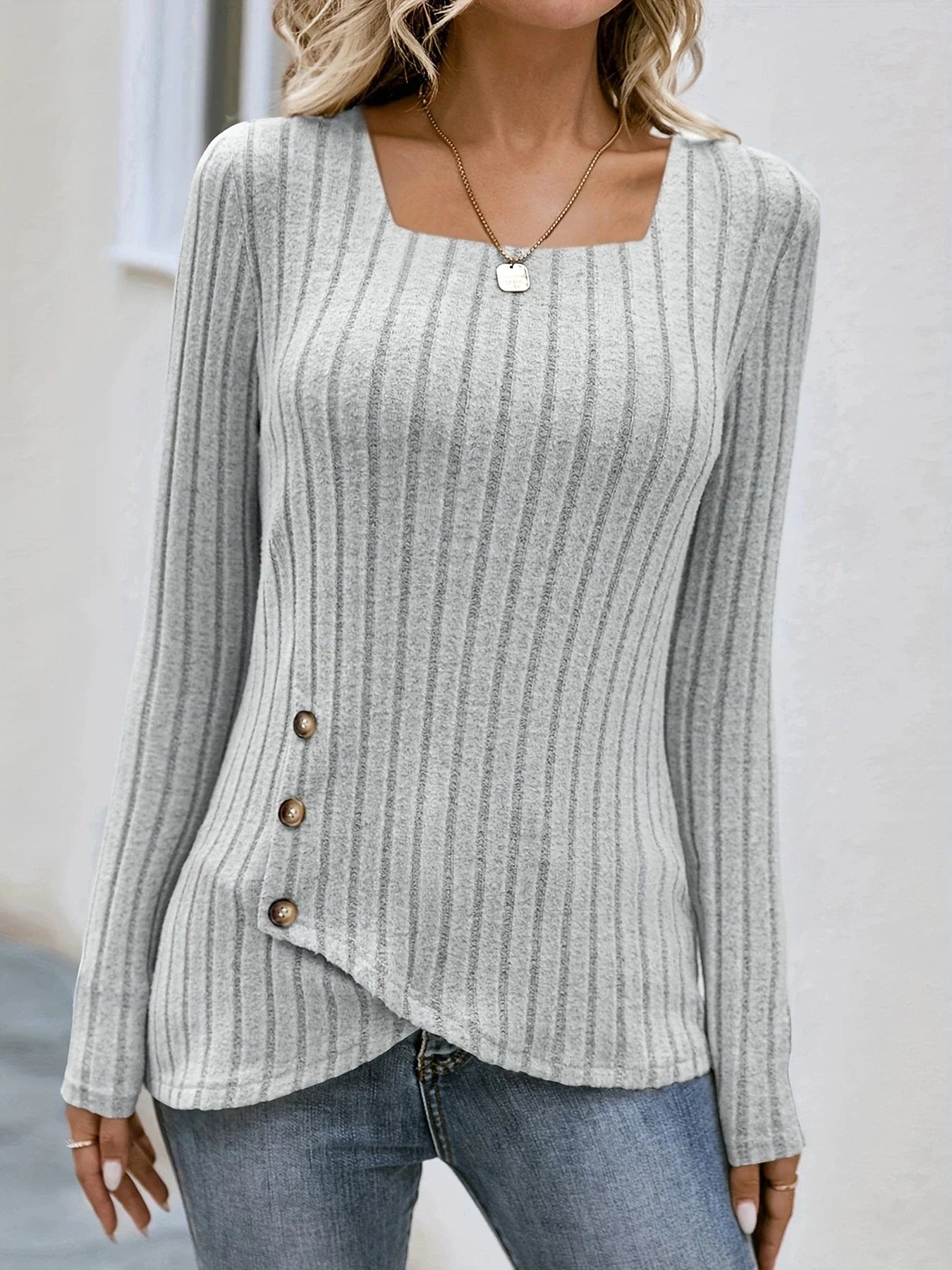 Square Neck Solid Ribbed Button DecorT-Shirt Casual Long Sleeve Top For Spring & Fall Women's Clothing