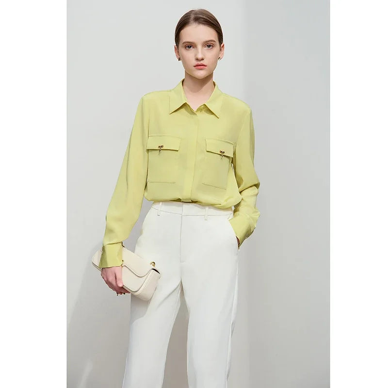AMII Minimalist Chiffon Shirt Women 2025 Spring New Temperament Gentle Lapel Bamboo Work Pocket Concealed Button Tops 12521032
