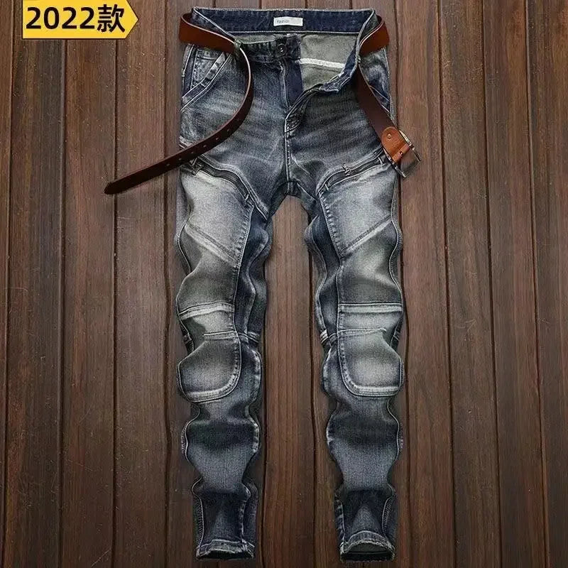 New Spring Autumn Wash Denim Korean Style Blue Designer Cowboy Cycling Motorcycle Splice Vintage Cargo Strech Pant Jean Trousers