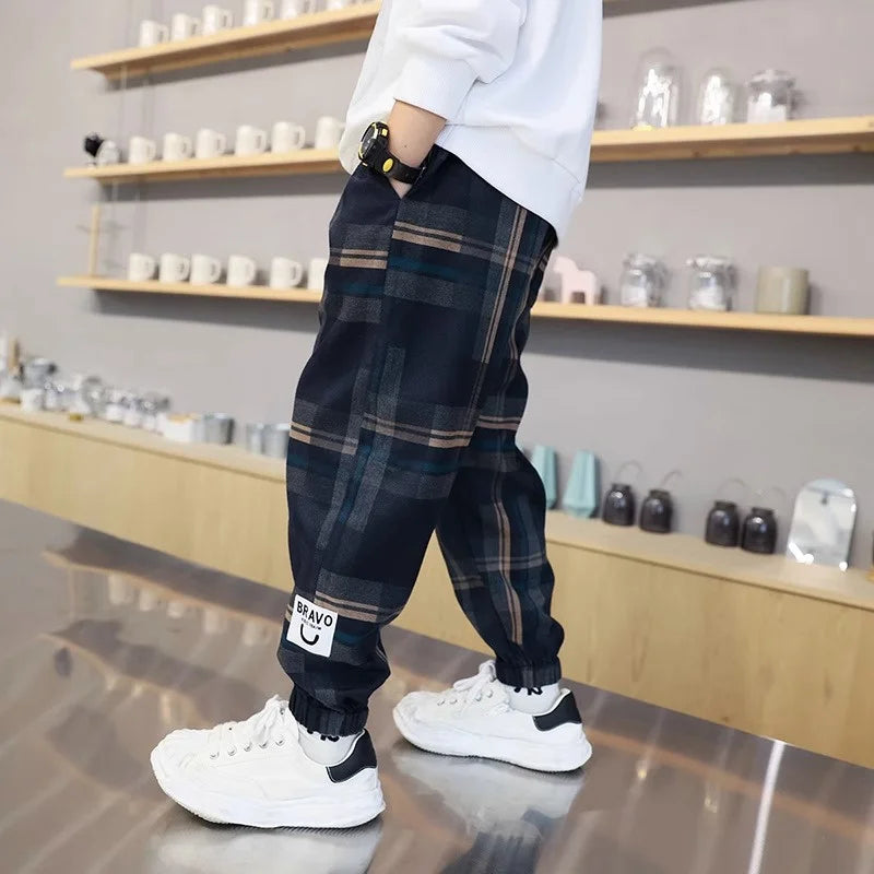 Boys Thick Plaid Pants Spring Autumn Girls Plus Velvet Warm Drawstring Kids Trend Trousers Fashion Teen Sport Casual Pants 4-12Y