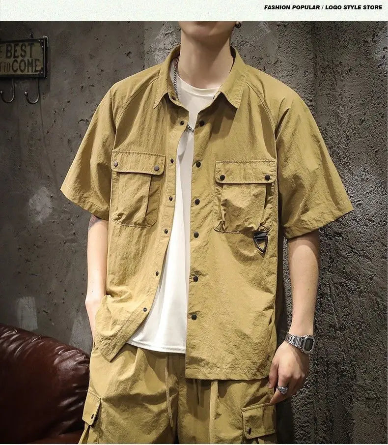 Trendy Cargo Summer Clothes Set Men Short Sleeve Shirt with Pockets And Shorts Solid Casual Safari Outdoor Outfits