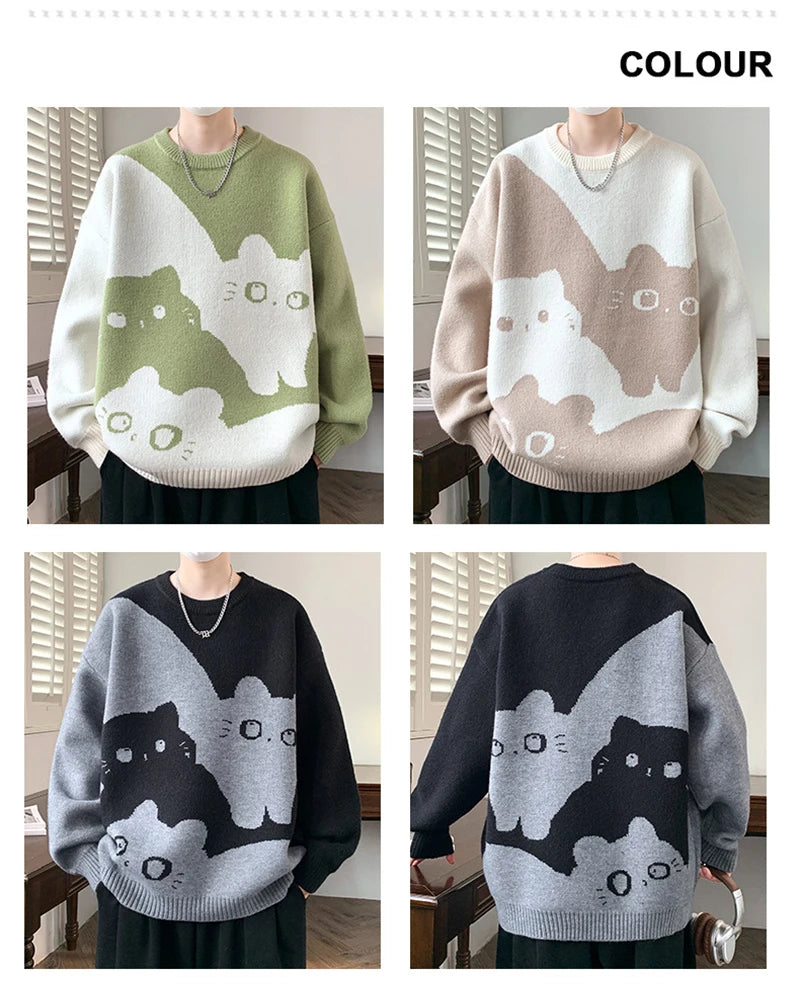 Winter Men's Anime Cat Jacquard Crewneck Knitted Sweaters Hip Hop Fashion Graphic Printed Y2K Jumpers Streetwear Knit Pullovers