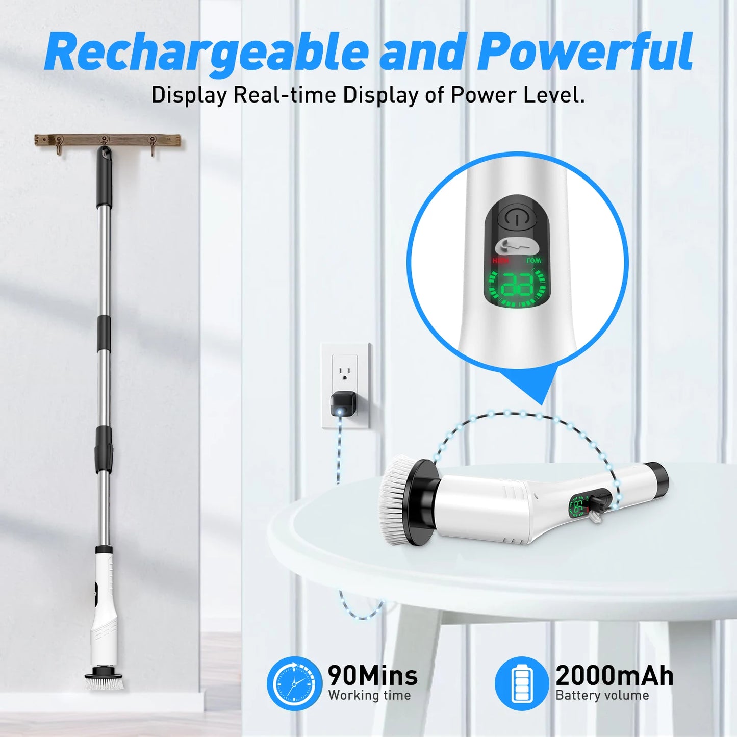 Upgraded electric rotary brush, with a display screen, fully waterproof, and adjustable handle brush head,a home cleaning wonder