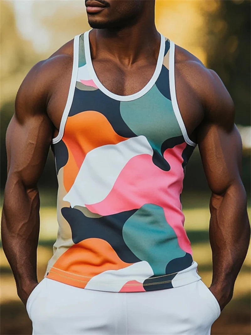 Simple Fashion Mens Streetwear Tank Tops Summer Trend Crew Neck Sleeveless 3D Printed Vest Loose Breathable Sports Tees Tops