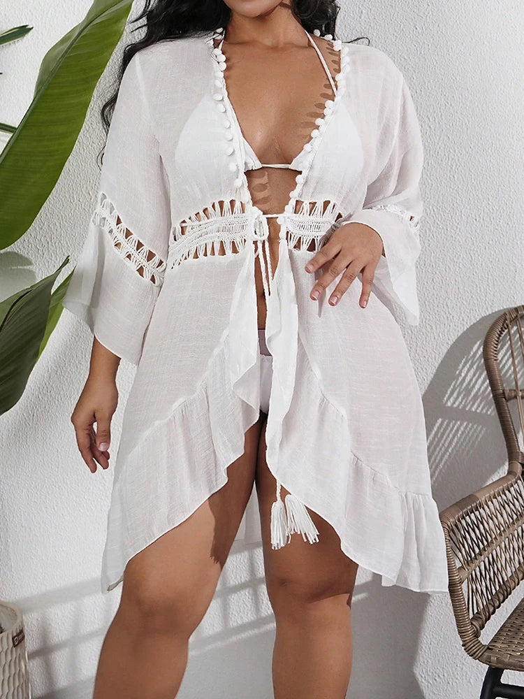 Plus Size Sexy Hollow Out Loose Lace Up Beach Cover Up Dress Long Sleeve Swim Coverup  Summer Seaside Vacation Pool Party Bikini
