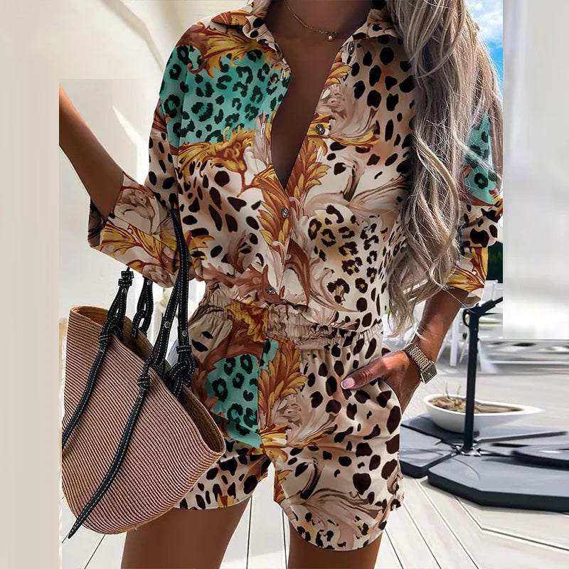 Fashion Women Print Two Piece Sets 2022 Spring Summer Turn-down Neck Long Sleeve Shirt Tops Short Pant Suit Lady Casual Outfit