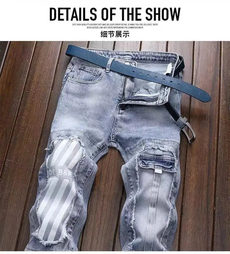 New Spring Autumn Wash Denim Korean Style Blue Designer Cowboy Cycling Motorcycle Splice Vintage Cargo Strech Pant Jean Trousers