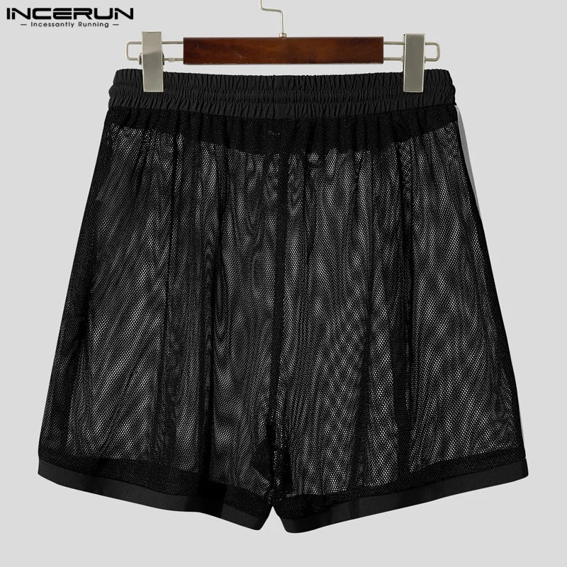 INCERUN Men Shorts Mesh Patchwork Drawstring Loose Transparent Male Shorts Streetwear Summer 2025 Sexy Vacation Men Bottoms