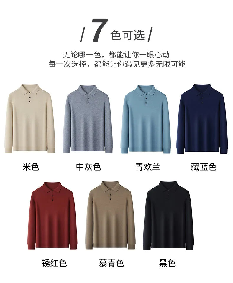 Men's Fine Wool Sweater Polo Collar Pullover Spring Autumn New Cashmere Knitwear Smart Casual Loose Men's Shirts Warm Soft Tops