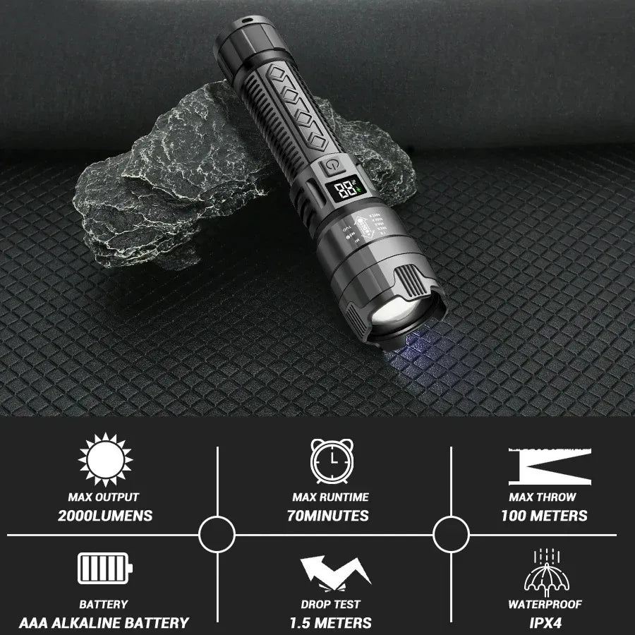 Strong Light Ultra Bright 2000LM LED Flashlight USB Rechargeable Long Range Zoom Tactical Torch Outdoor Camping Fishing Lantern