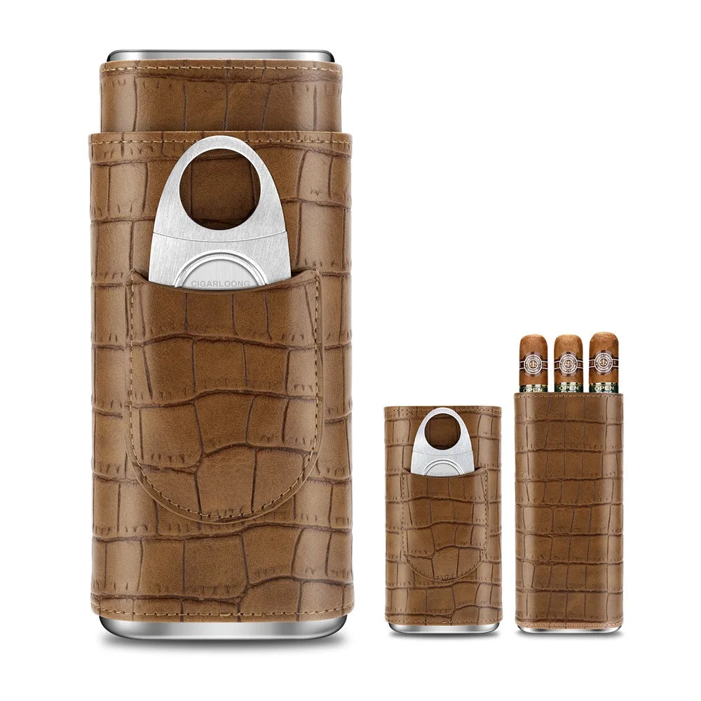 3-pack Cigar Case Luxury Portable Leather Holder Box Storage with Stainless Steel Sharp Cigar Cutter Smoking Accessories CH-24FA