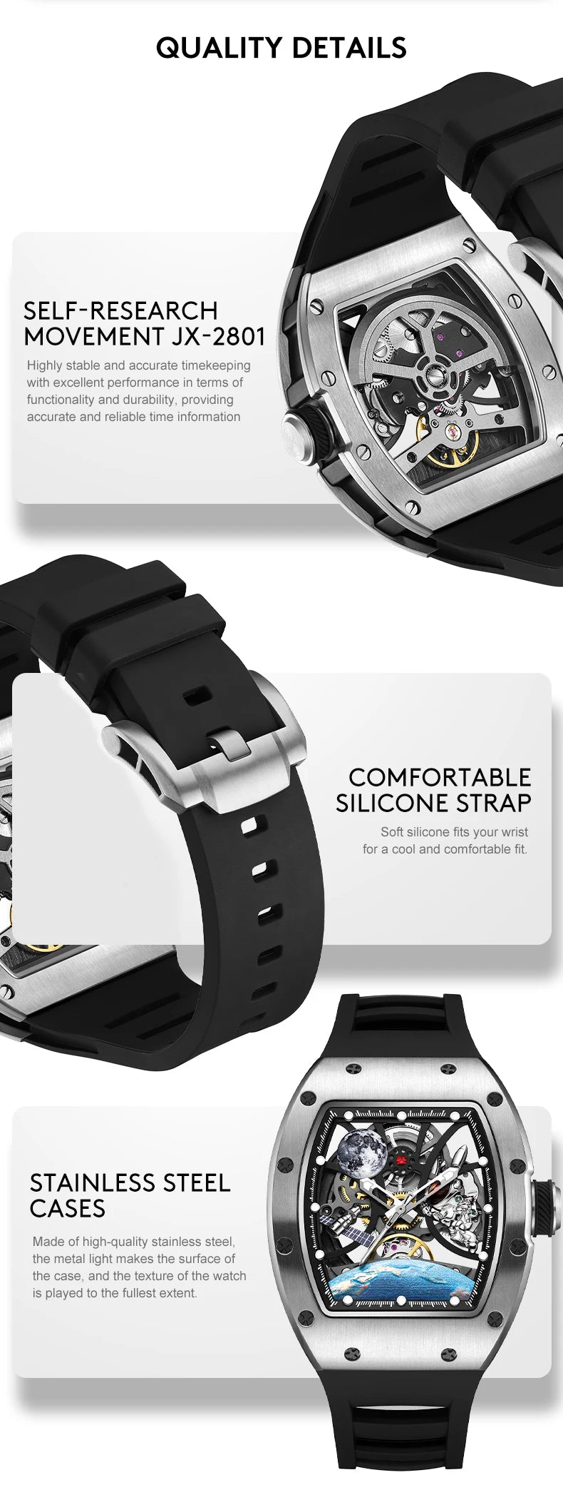 Hollow Automatic Mechanical Watch 5ATM Waterproof Sports Silicone Strap Custom Logo High-Quality Wristwatch Active Lifestyle