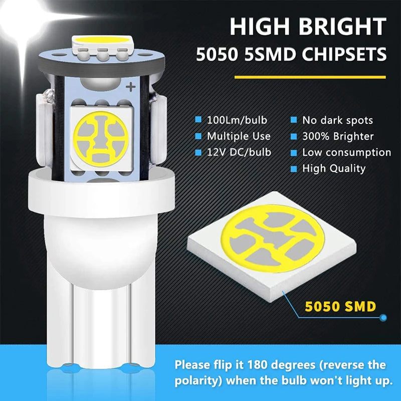 2x T10 W5W Car LED Interior Dome Reading Bulb Turn Signal Light Wedge Side Clearance Brake License Plate Luggage Trunk Lamp 12V