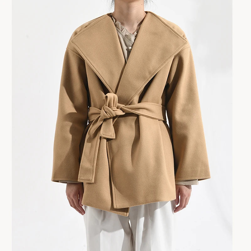 [EWQ] Khaki Fashion Woolen Coat With Belt Women Long Sleeve Elegant Lapel Wool Jacket Outwears 2025 Autumn Winter New 16U5035