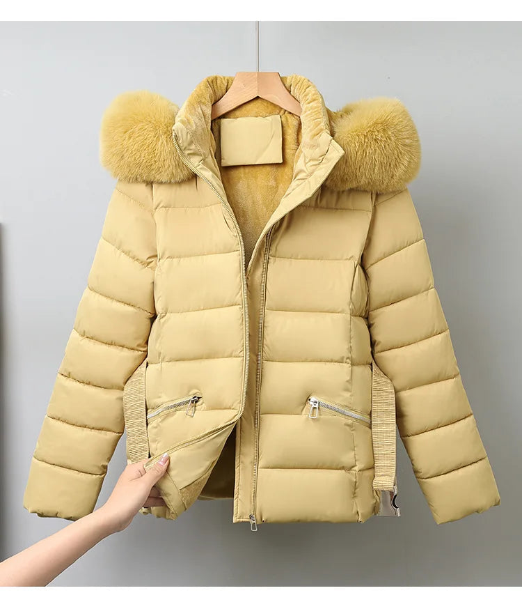 Winter Large Fur Coat Women With Belt Hooded Fur Collar Puffer Jacket Women New Warm Loose Parka Ladies Cotton Padded Overwear