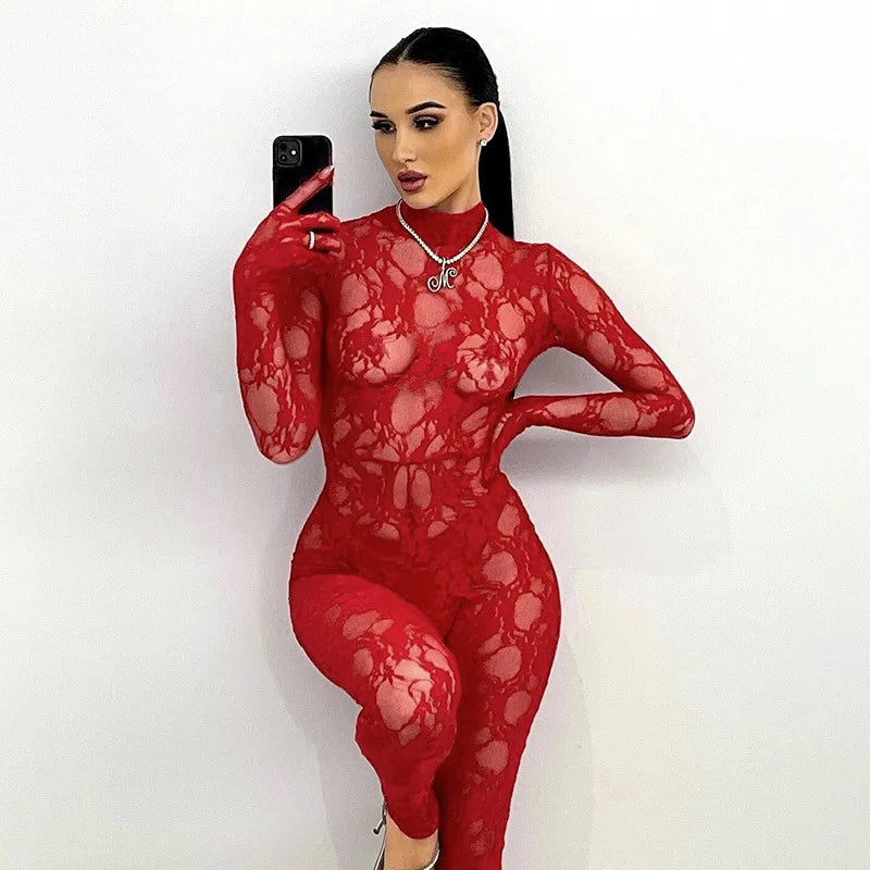 Mesh Sheer Hollow Out Long Sleeve Sexy See Through Skinny Exotic Jumpsuit Bodycon Summer Women Outfit Night Party with Gloves