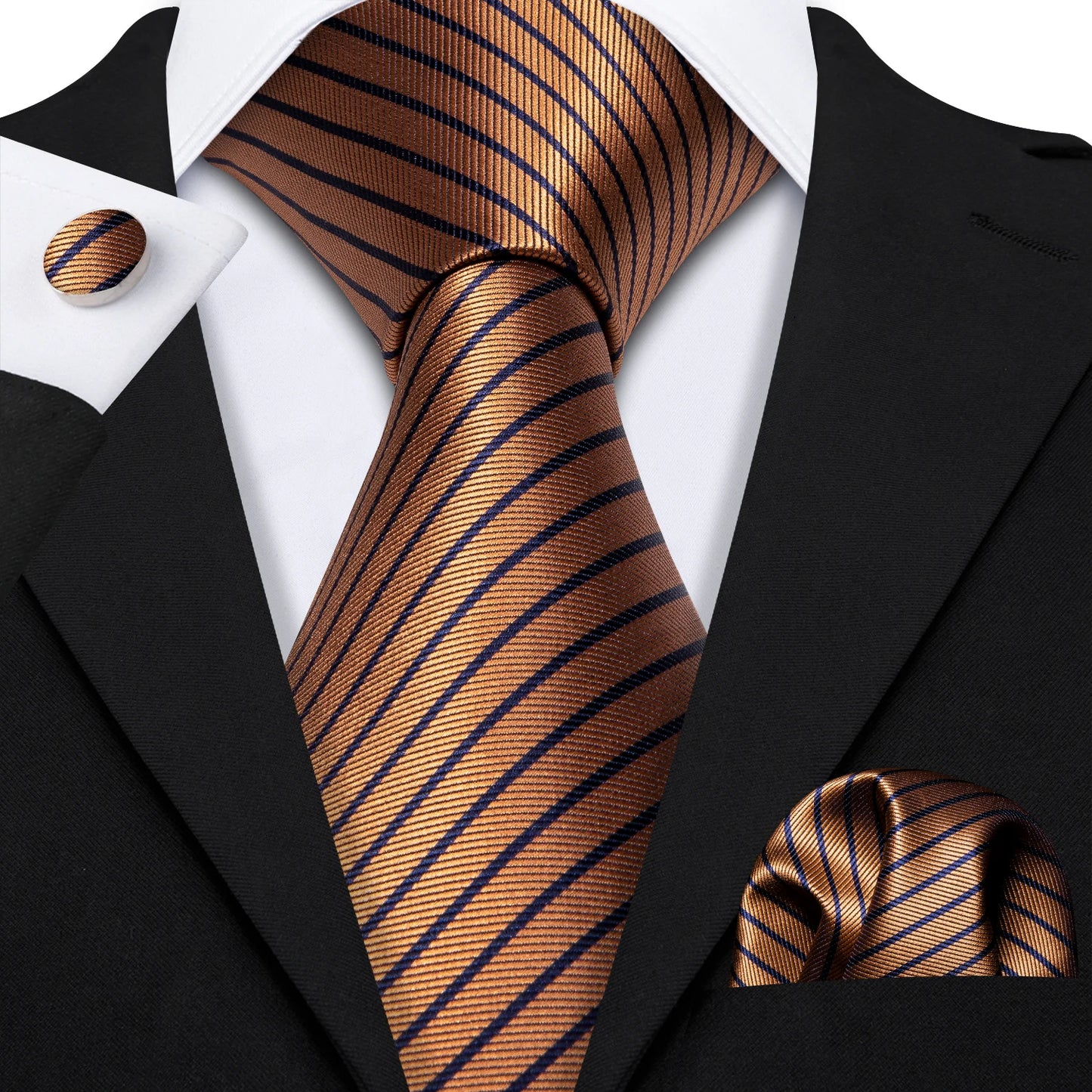 Barry.Wang Orange Brown Silk Mens Tie Hanky Cufflinks Set Gold Coffee Jacquard Designer Necktie For Male Wedding Business Party