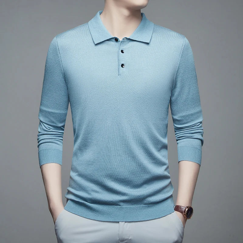 Men's Fine Wool Sweater Polo Collar Pullover Spring Autumn New Cashmere Knitwear Smart Casual Loose Men's Shirts Warm Soft Tops