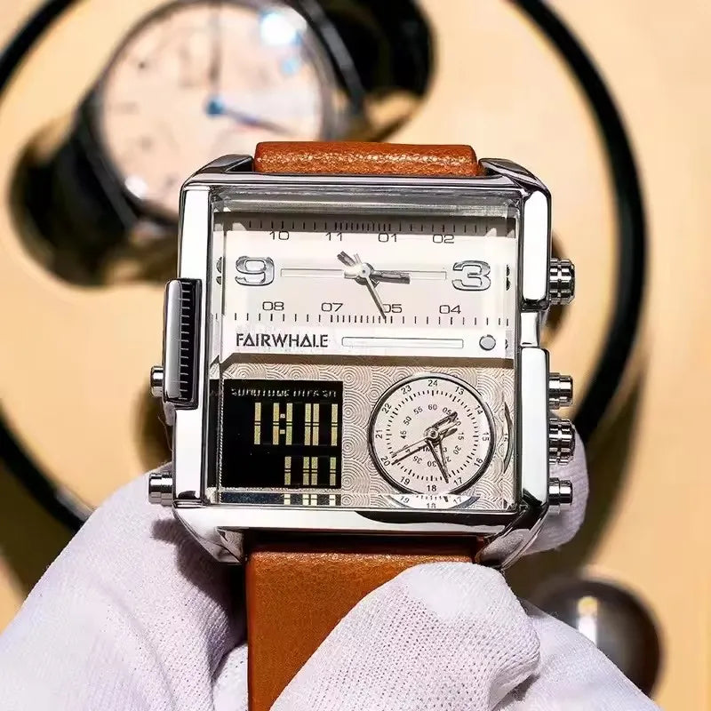 Mark Fairwhale 4270 Retro Square Men's Electronic Digital Dual Display Waterproof Night Light Leisure Men's Clock reloj hombre