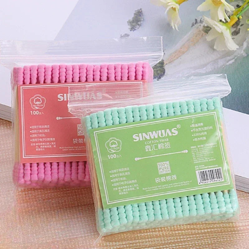 100-300Pcs Pink Double Head Cotton Swab Sticks Cotton Buds Tip for Medical Nose Ears Cleaning Accessories Female Make Up Remover