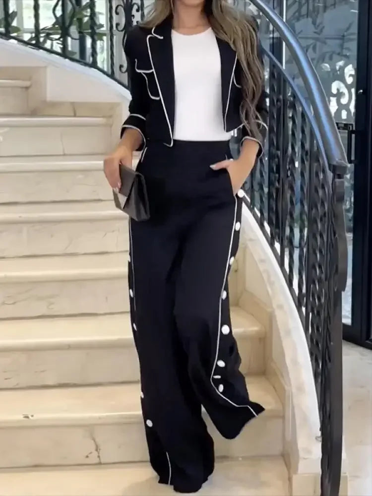 Bonboho Women's Casual Pants Set Blazer Coat and Wide Leg Pants 2024 Spring and Summer Stylish Two-piece Suit for Office Ladies