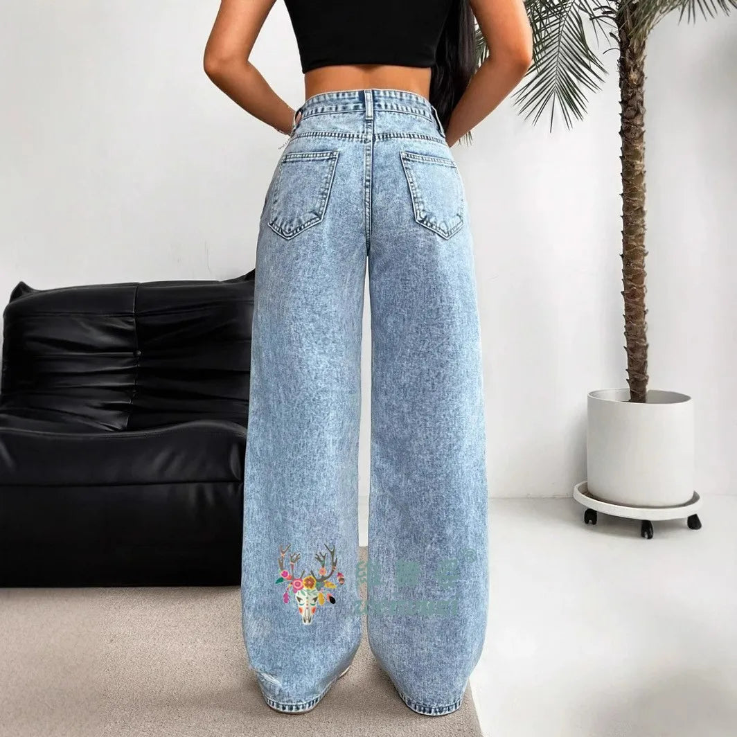 Women's Ripped Boyfriend JEANS Straight Wide-Leg Denim Pants Stretch Holes Denim Trousers Pocket Comfortable High Waist Pants