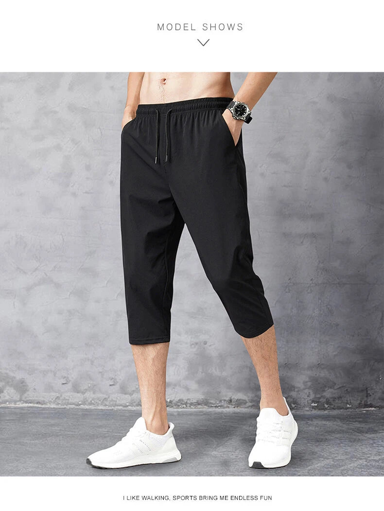 8XL 3/4 Length Men's Shorts Quick Drying Ice Silk Sport Shorts Summer Breeches Long Calf Bermuda Board Beach Elastic Big Size