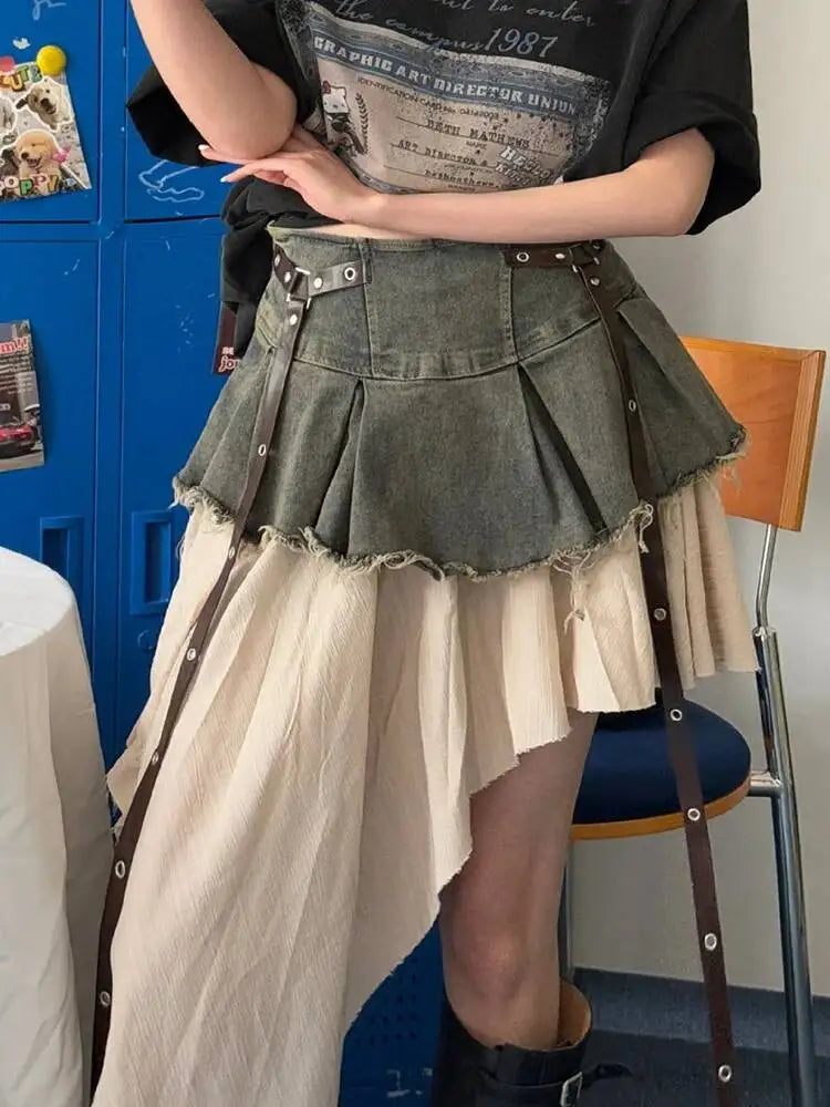 EAM Color-block Irregular Spliced High Elastic Waist A-line Mini Denim Skirt Women Fashion Tide New Spring Autumn 2026 30A3307