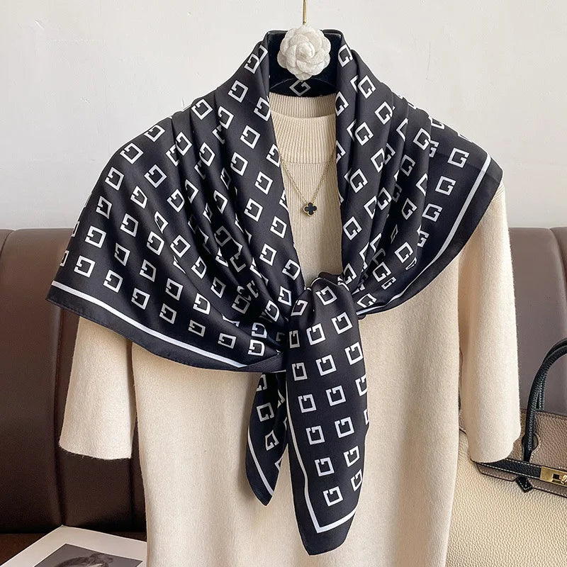 Luxury Letter Print Twill Silk Hair Hijab Scarf Women 90cm Sunscreen Shawl Wraps Headband Foulard Bandana Echarpe New