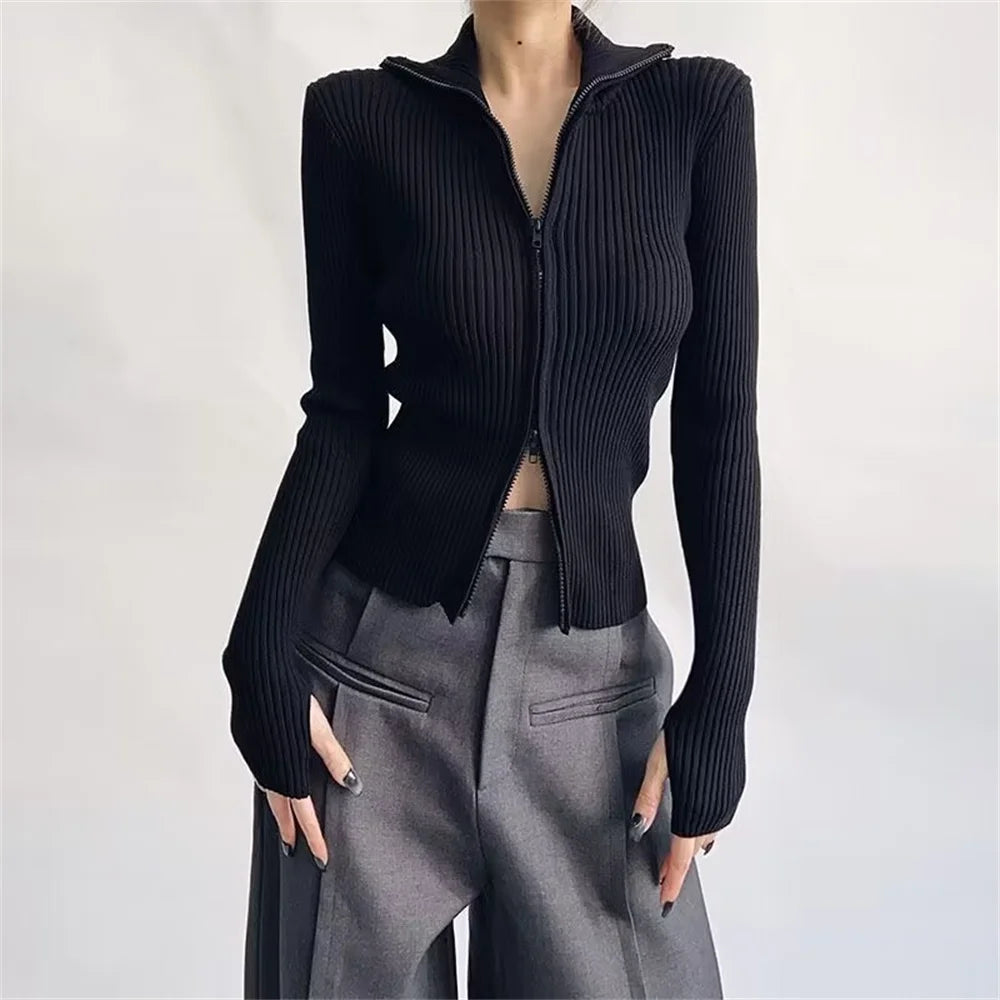 Fashion Korean New Spring Women High Elastic Slim Knitted Cardigan Woman Zipper Turtleneck Knitwear Long Sleeve Sweater Coat