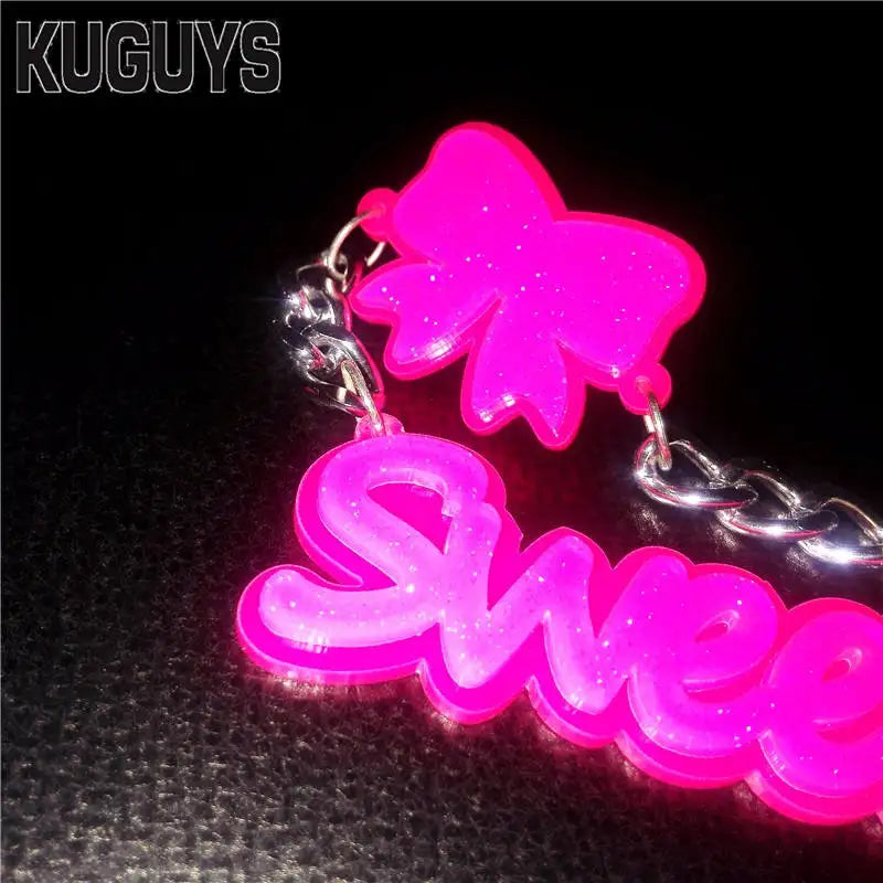 KUGUYS Glitter Pink Sweet Drop Dangle Earrings for Women Bowknot Accessories Acrylic Jewelry