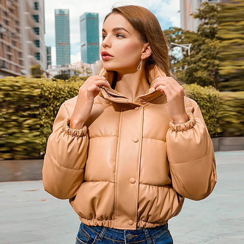 Winter Warm Thick PU Leather Coats Women Short Parkas Fashion Black Cotton Padded Lady Down Jacket Elegant Zipper Clothes 2025