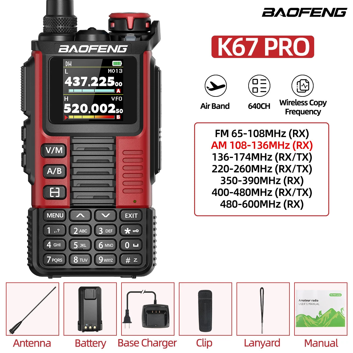 Baofeng UV-K67 PRO Walkie Talkie Long Range Multi Band Wireless Copy Frequency DTMF 640CH NOAA Type-C Ham Two Way Radio UV-5R