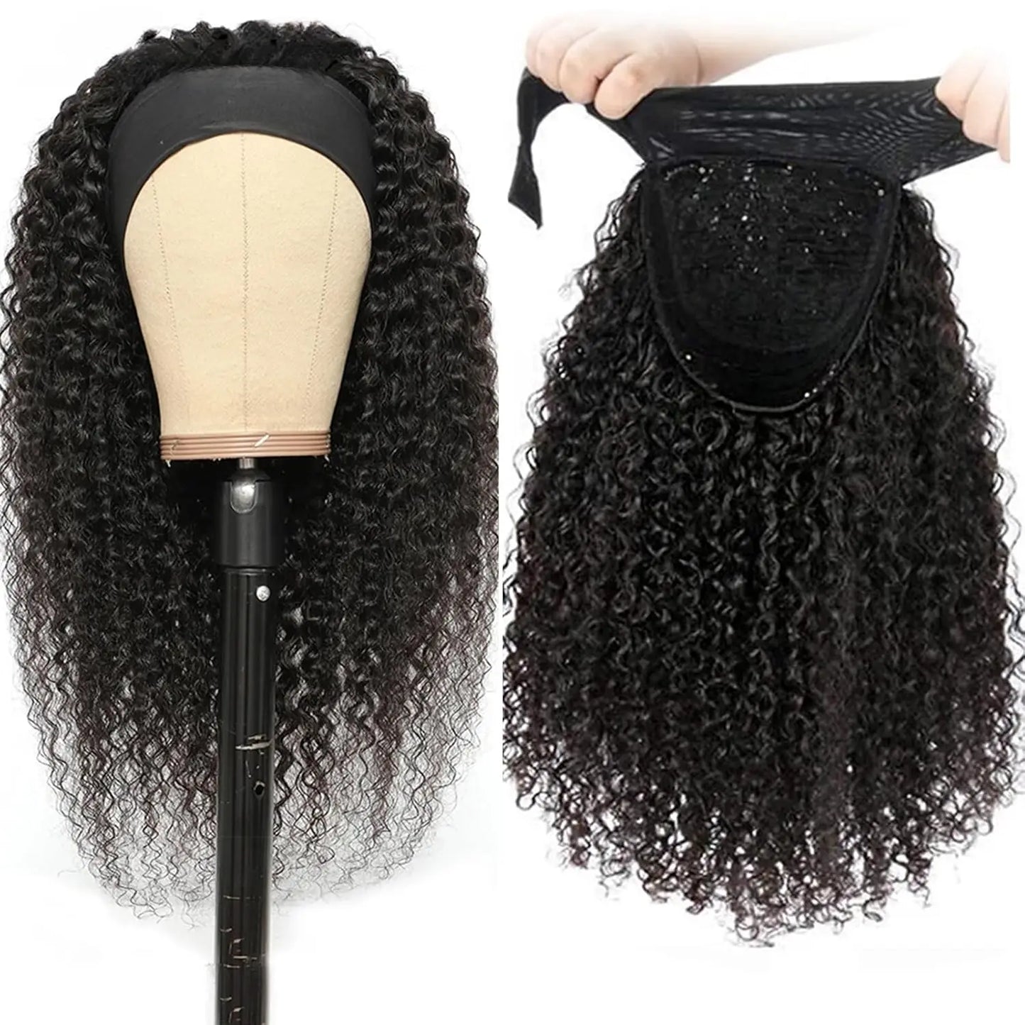 Kinky Curly Human Hair Wig 16 inch Natural Color No Gel Remy Hai Machine Made Headband Curly Scarf Wig for Black Women