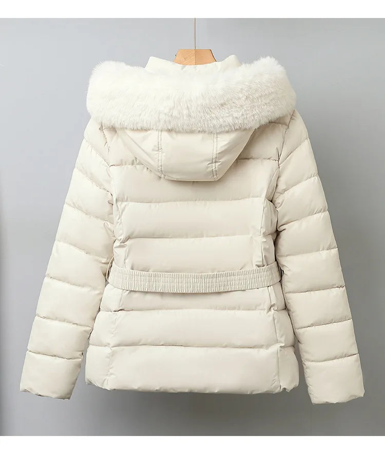 Winter Large Fur Coat Women With Belt Hooded Fur Collar Puffer Jacket Women New Warm Loose Parka Ladies Cotton Padded Overwear
