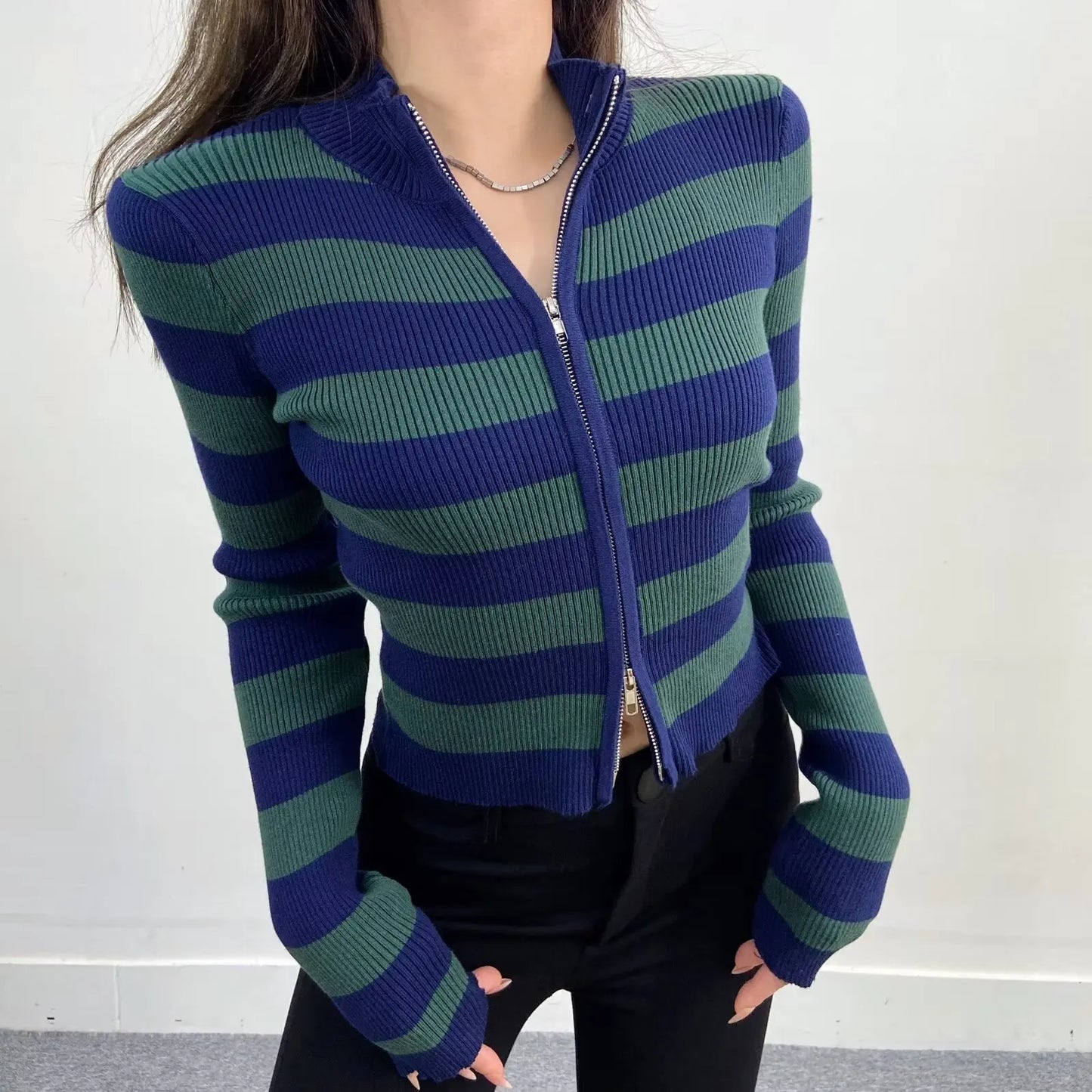 Slim Fit American Style Knitted Cardigan Women's Double Zipper Open Front Pure Desire Autumn Fashion Outerwear BM Style