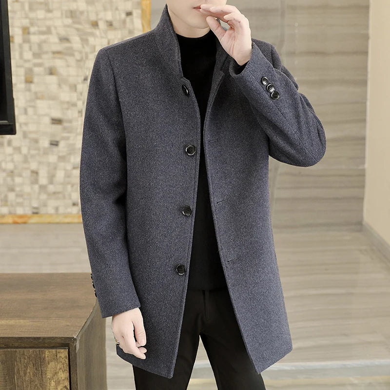 Men's Long Wool Coat High Quality Trendy Fashion Handsome Solid Color Wool Trench Coat with Removable Thickened down Inner Liner
