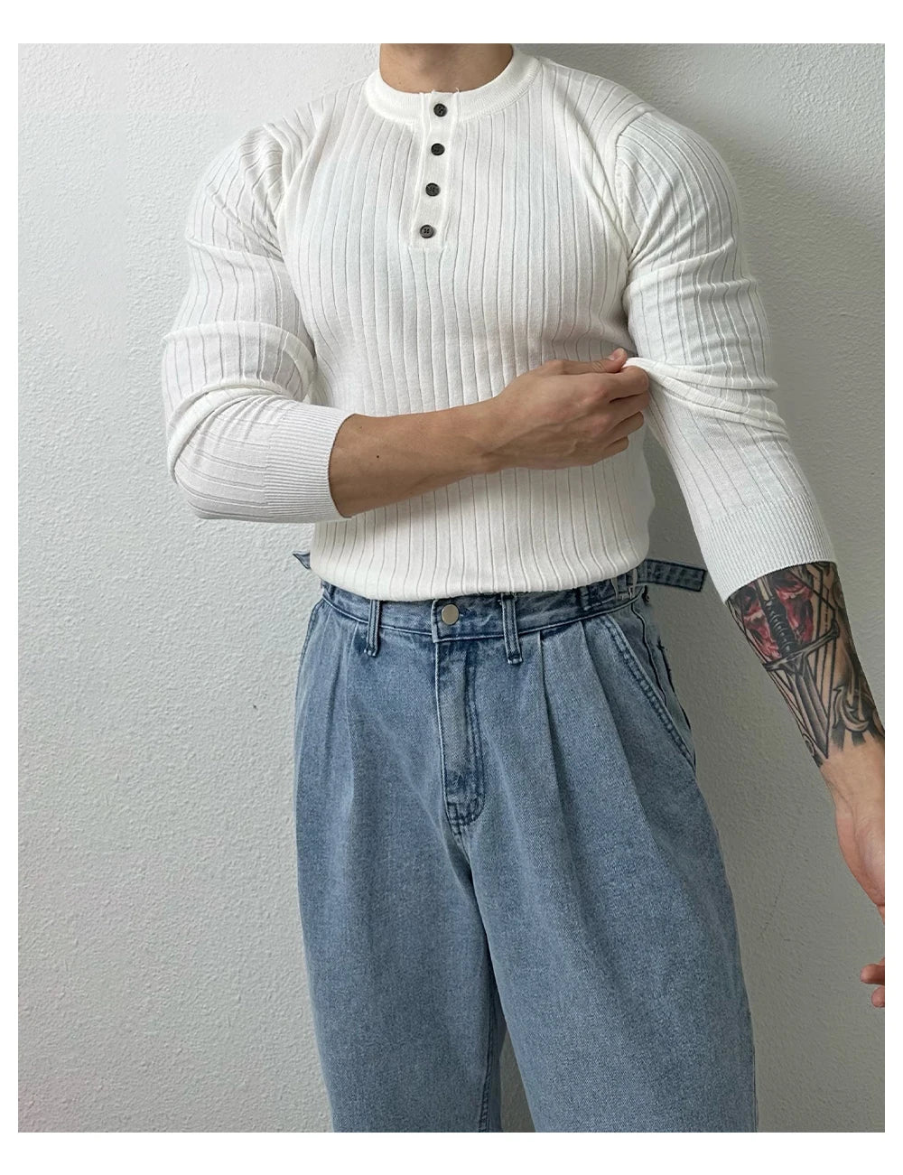 Autumn Clothing Men's Light Luxury Knit Korean Popular Henry Collar T-shirt Button-down Long Sleeve Retro Leisure Knitwear