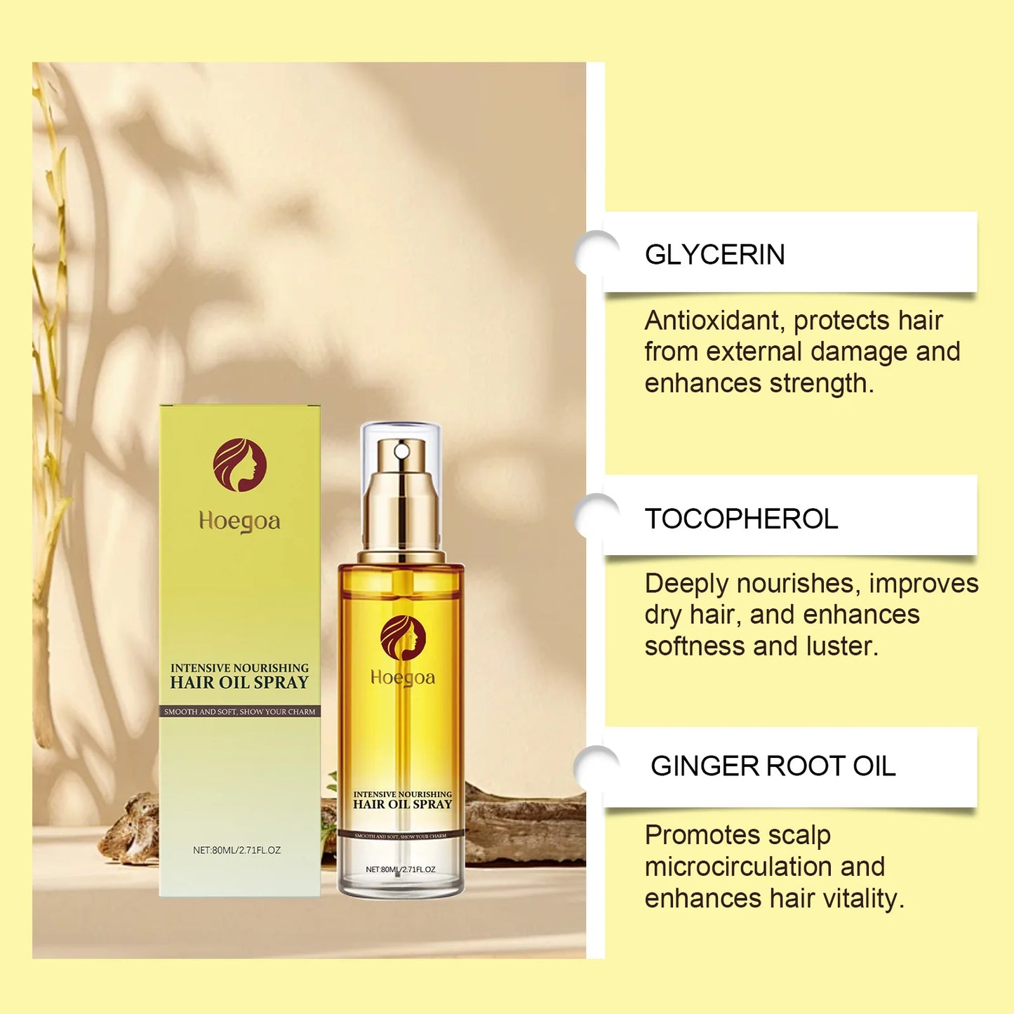 Hoegoa 80ml Nourishing Hair Care Essential Oil spray Soften and Nourish Hair, Moisturize, Improve Dry Scalding Dyeing Care spray