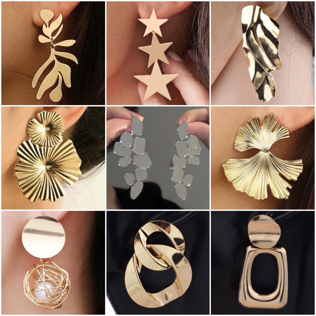 European Exaggerate Metal Statement Earrings for Women Vintage Fashion Round Star Leaf Irregular Geometry Long Earrings Jewelry