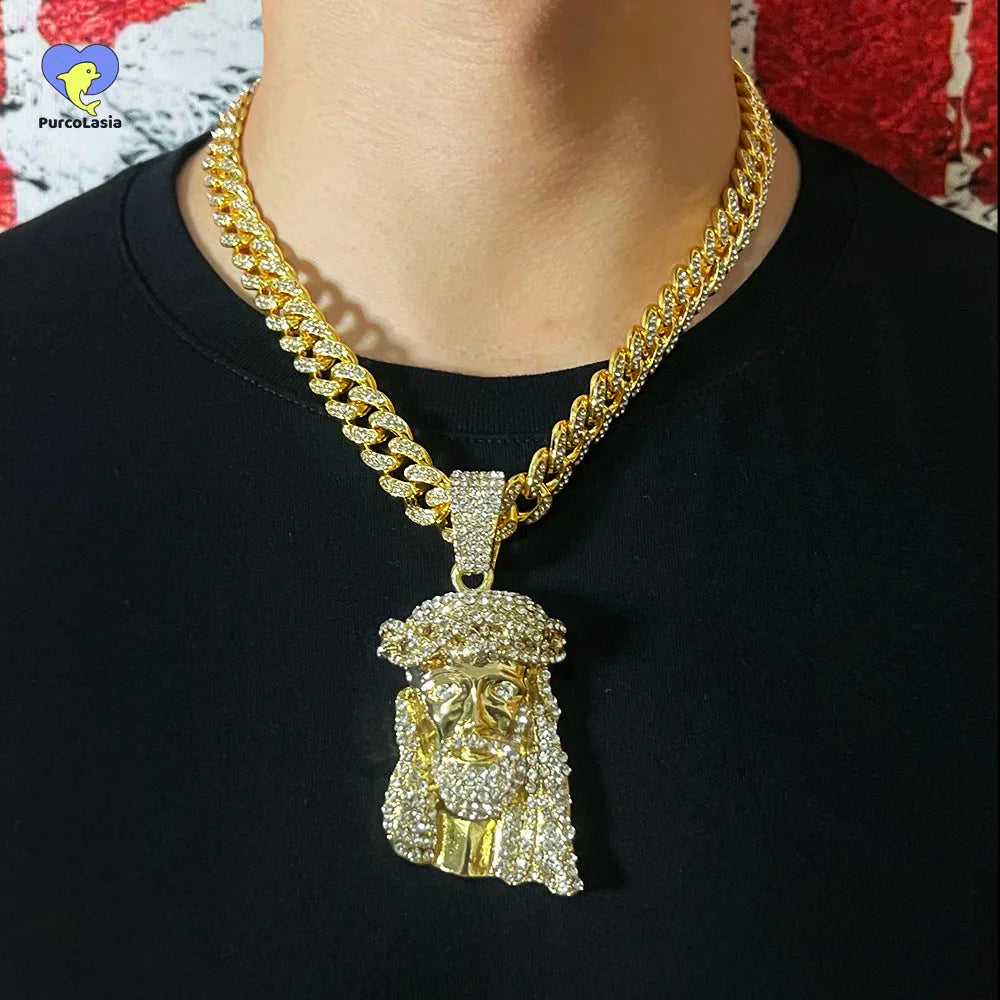 Men Hip Hop Rapper Popular Necklace Religious Jesus Portrait Pendant Rhinestones Cuban Chain Jewelry