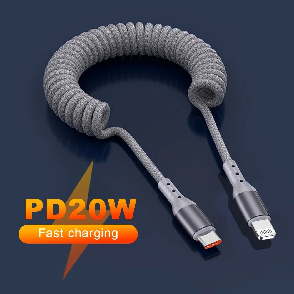 Spring Car Charger Cord 3A Fast Charging USB Cable For iPhone 14 11 12 13 Pro X XS Max 6 7 8 Plus SE iPad Data Wire