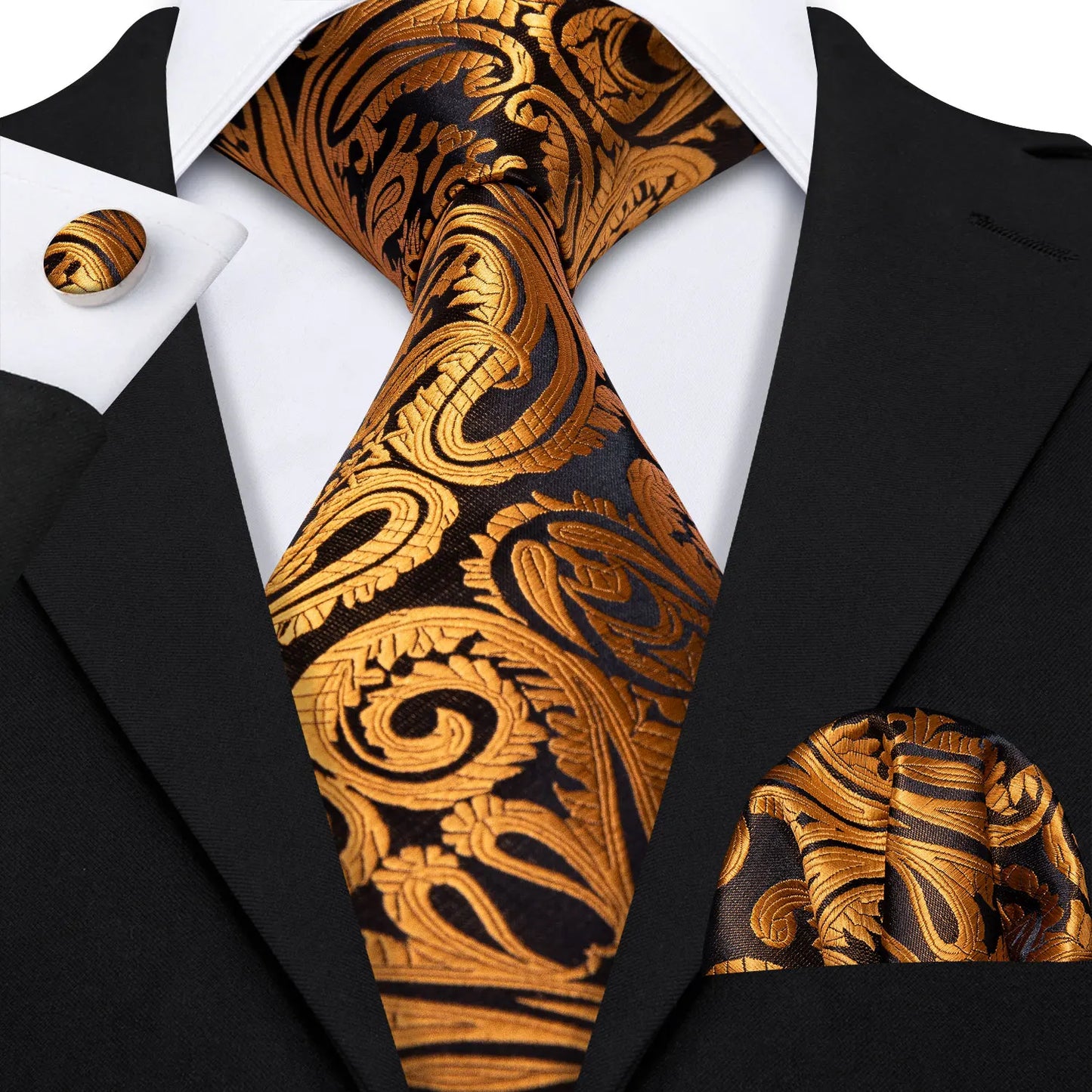 Barry.Wang Orange Brown Silk Mens Tie Hanky Cufflinks Set Gold Coffee Jacquard Designer Necktie For Male Wedding Business Party