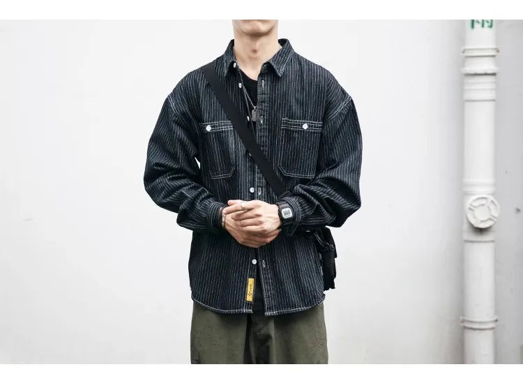Retro Striped Loose Fit Long Sve Collared Men's Denim irt Spring Faion Workwear Jaet Youthful Wear Resistant Chinese...