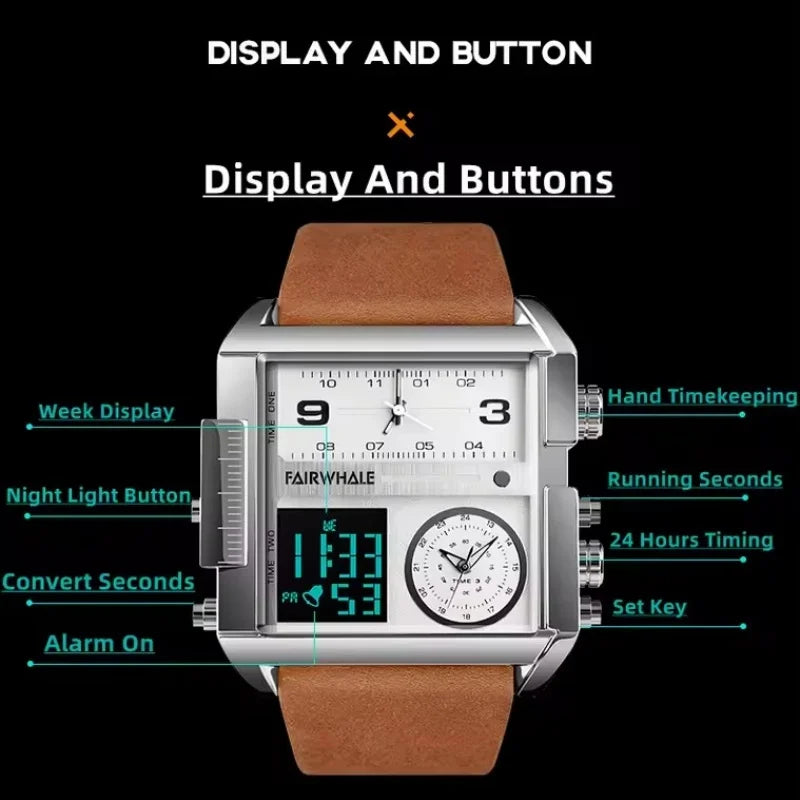 Mark Fairwhale 4270 Retro Square Men's Electronic Digital Dual Display Waterproof Night Light Leisure Men's Clock reloj hombre